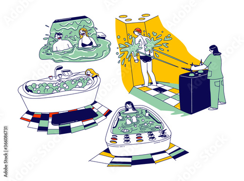Male, Female Characters Enjoying Hydromassage in Spa Salon or Sanatorium. Men and Women in Bath Tub with Gurgling Water