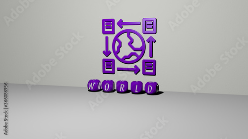 3D representation of WORLD with icon on the wall and text arranged by metallic cubic letters on a mirror floor for concept meaning and slideshow presentation. illustration and background