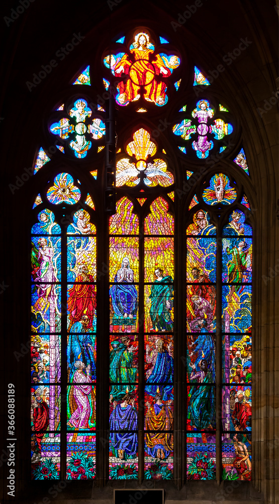 PRAGUE, CZECH REPUBLIC - FEBRUARY 19, 2015 - Stained-glass window in St Vitus Cathedral