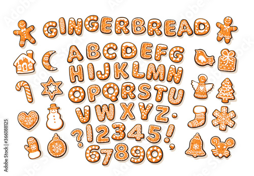 Christmas and New Year gingerbread alphabet and cute traditional holiday cookies on white backgroun.