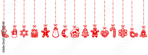 Christmas gingerbread cookies hanging on red ribbons. Seamless border. Vector illustration isolated