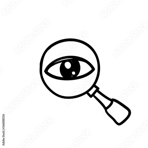 hand drawn Magnifier with eye outline icon. Find icon, investigate concept symbol. Appearance, aspect, look, view, creative vision icon for web and mobile doodle