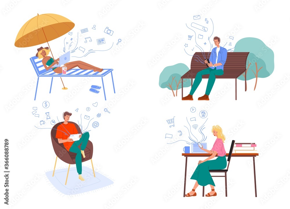 People surfing internet. Man woman on beach, in park, at home, in office using digital mobile device, computer, smartphone. Human social media network addiction set. Wireless connection communication