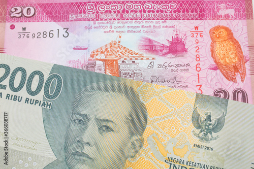 A macro image of a grey two thousand Indonesian rupiah bank note paired up with a pink and white twenty rupee bank note from Sri Lanka.  Shot close up in macro. photo
