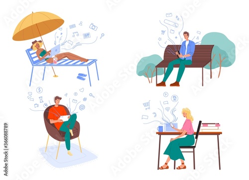 People surfing internet. Man woman on beach, in park, at home, in office using digital mobile device, computer, smartphone. Human social media network addiction set. Wireless connection communication