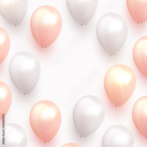 Background with festive realistic balloons. Celebration design with baloon, color pink and white. Celebrate birthday template. Vector illustration