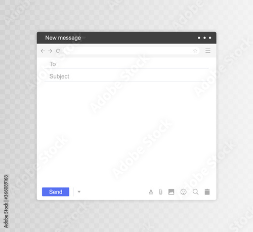 Email interface. Mail window template, internet message isolated frame, blank email. Modern flat style vector illustration