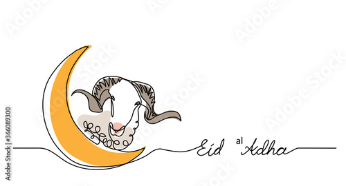 Eid al-Adha simple vector background, web banner with sheep goat and crescent. One continuous line drawing of sheep and moon. photo