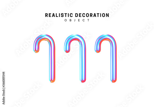Set Metal cane. Realistic 3d shape. objects with gradient holographic color of hologram. Geometric decorative design elements isolated white background. vector illustration.