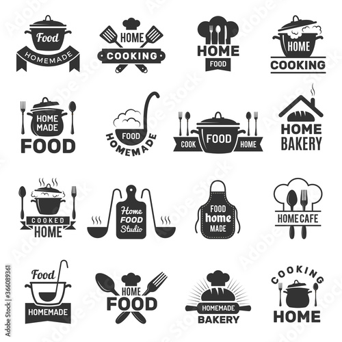 Homemade food badges. Kitchen cooking symbols vector illustrations. Cook food emblem, bistro sign, saucepan domestic logo