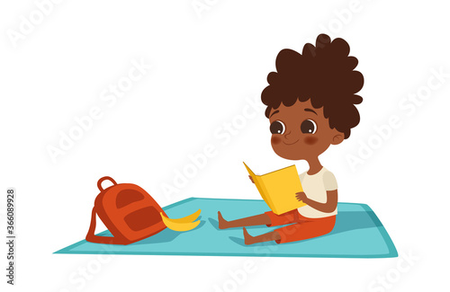 Girl reading. Afroamerican child with book and backpack sits on plaid. Summer activity, self education and entertainment vector illustration. Girl with book learning and reading