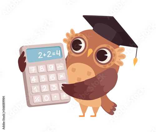 Mathematic teacher. Owl with calculator, bird professor. Isolated cartoon character at school or university vector illustration. Education mathematics, owl learning at school