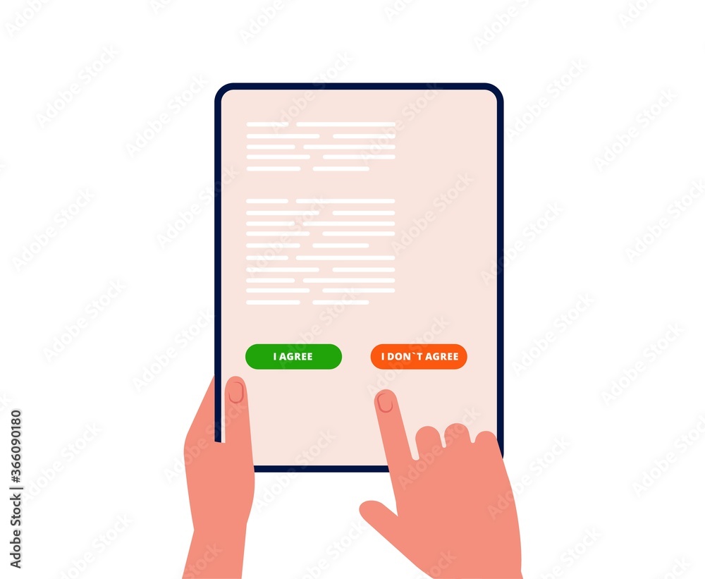 Electronic agreement. Man chooses agree disagree on tablet screen. Online business, purchase or registration confirmation vector illustration. Approve electronic agreement, success digital vote Electronic agreement. Man chooses agree disagree on tablet screen. Online business, purchase or registration confirmation vector illustration. Approve electronic agreement, success digital vote