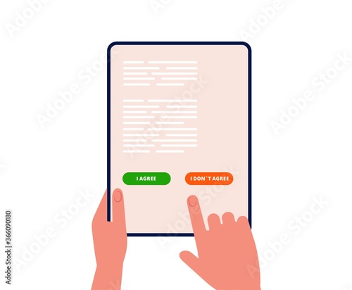 Electronic agreement. Man chooses agree disagree on tablet screen. Online business, purchase or registration confirmation vector illustration. Approve electronic agreement, success digital vote