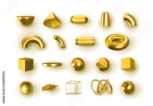 Set of 3d Golden Geometric Shapes Objects. Realistic geometry elements isolated on white background, on metallic color gradient. Render Decorative gold figure for design. vector illustration