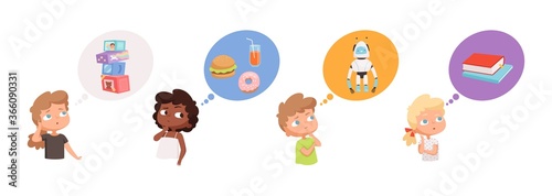 Kids dreaming. Little boys girls thinking about gifts, robots toys food books. Pensive children vector illustration. Girl and boy thinking to sweets and toys