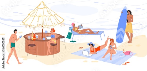 People tourist surfing internet, networking, watching video, working online, chatting via mobile gadget. Man woman rest on beach, at bar. Digital communication, wireless connection on vacation