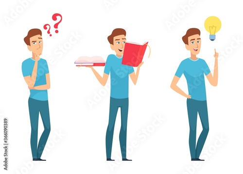 Man find answers. Self education or finding solution concept. Young boy with questions and books has new idea vector illustration. Answer and solution problem, graphic mark question, person confusion