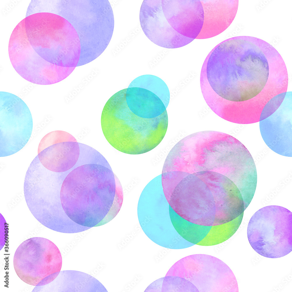 Circles multi-colored watercolor seamless pattern. Abstract watercolour background with colorful circles o