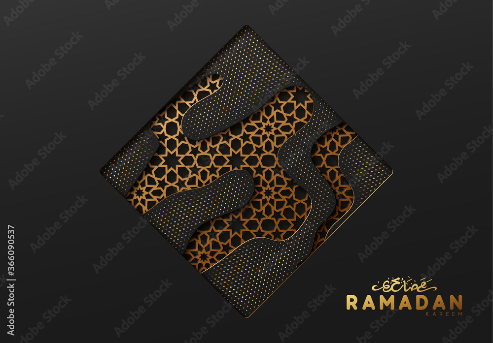 Ramadan vector background. Effect of the cut paper with the embossed Arabic calligraphic text of the Ramadan Kareem. Creative design greeting card, banner, poster. Traditional Islamic holy holiday. Ramadan vector background. Effect of the cut paper with the embossed Arabic calligraphic text of the Ramadan Kareem. Creative design greeting card, banner, poster. Traditional Islamic holy holiday.