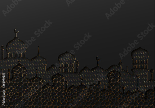 Background with arabic mosques buildings and structures. Effect of the cut paper with the embossed. Creative design card, banner, poster. Traditional Islamic holy holiday.
