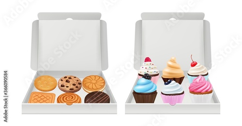 Realistic cupcakes and cookies. Biscuits muffins packaging, creamy and chocolate bakery products in white box vector illustration. Cupcake and bakery in box to birthday celebration