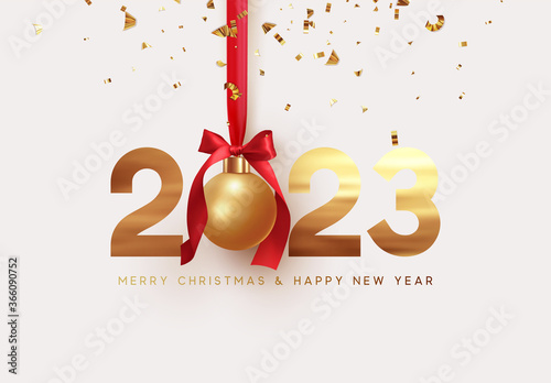 Happy New Year 2023. Hanging Realistic bauble ball on red ribbon with bow. Golden numbers 2023. Holiday gift card. Xmas bauble hanging. New Year Greeting Background. Vector illustration