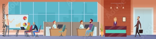 Office workspace. Managers business people working at computers modern startup project vector persons at office room vector cartoon background. Startup work, workplace and workspace team illustration