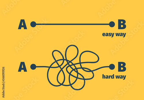 Easy way. Complicated problem path shape difficult and easiness way vector concept. Illustration curve way, route difficult solution