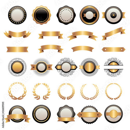 Badges kit. Premium logotypes collection shields ribbons various shapes geometrical forms vector templates for labels design project. Premium decoration company, typography product illustration