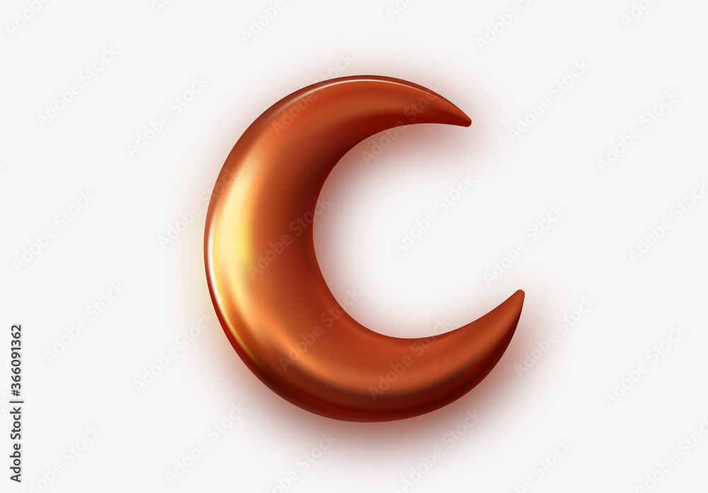 Metallic golden 3d half month. Crescent decor element for Ramadan Kareem celebration. vector isolated object.