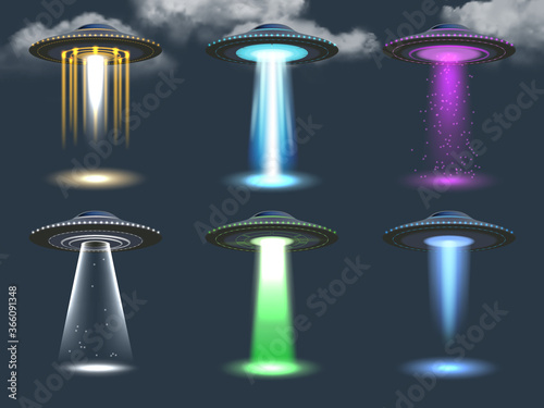 Ufo spotlight. Cosmic transport ambient alien lighting realistic glowing effect from spaceship vector illustrations set. Ufo light alien ray unidentified spotlight