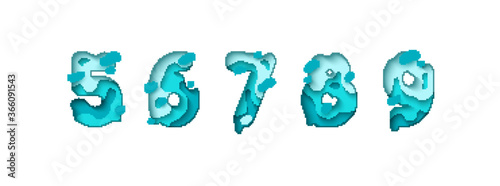 Paper cut number five, six, seven, eight, nine, figure 5, 6, 7, 8, 9. Design 3d sign isolated on white background. Alphabet font of melting liquid.