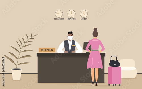 Receptionist afro male in protective medical mask behind workplace serve lady in hotel or bank. Interior of modern reception desk in waiting room or hall in business office.eps10 flat illustration