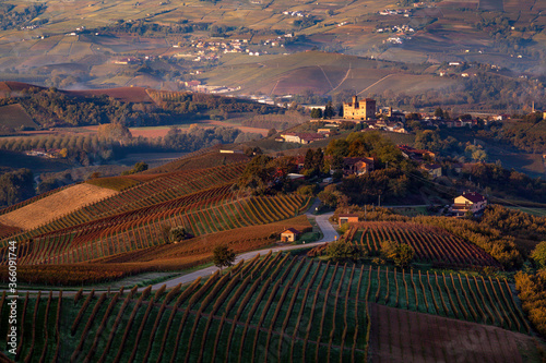 Grinzane Cavour in Langhe, Piedmont (Piemonte), Italy (Italia). Historic medieval Castle during day. Vineyards in Cuneo district, nearby Alba.