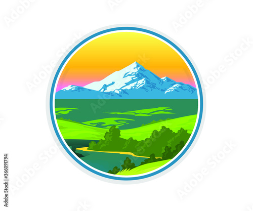 Vector logo of natural elements on white background. Linear icon of landscape with trees and sun in a circle- business emblems, badge for a travel, farming and ecology concepts, health