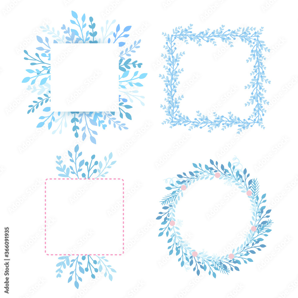 Frames, borders set with leaves and blue branches. Circle and square herbs composition, forest plants. Frames, borders set with leaves and blue branches. Circle and square herbs composition, forest plants.