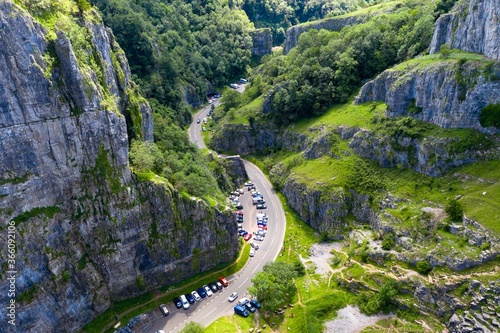 Aerial view of Cheddar Gorge, Mendip Hills, Somerset, England photo