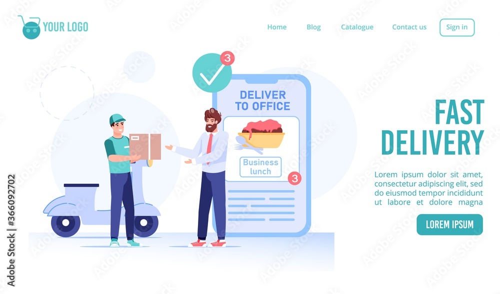Business lunch fast delivery to office landing page. Businessman customer order food online via mobile application service or internet market. Man courier delivering dinner by scooter moped Business lunch fast delivery to office landing page. Businessman customer order food online via mobile application service or internet market. Man courier delivering dinner by scooter moped