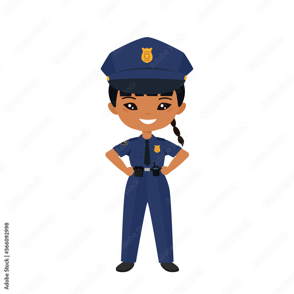 Chibi girl character in police uniform. Professions for children. Flat cartoon style