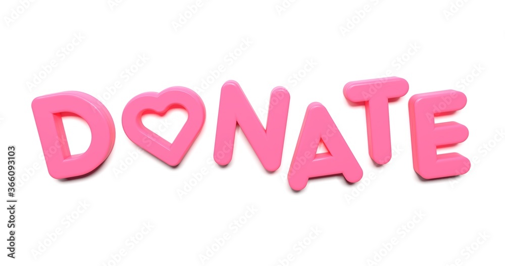 3d render, 'Donate' written by plastic font. Pink candy typography font, phrase isolated on white background. Element for social media, print, sticker, poster. t-shirt, textile. 3d render, 'Donate' written by plastic font. Pink candy typography font, phrase isolated on white background. Element for social media, print, sticker, poster. t-shirt, textile.