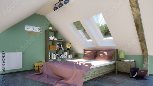 Photos Comfortable double bed under mansard windows and wooden shelves in bright modern bedroom interior on the attic floor at daytime