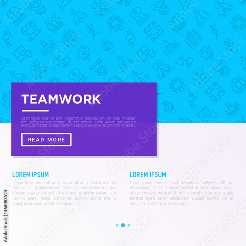 Teamwork concept with thin line icons: relay race, brainstorm, success, meeting, idea share, collaboration, joint project, unity, support, delegation, bonus. Modern vector illustration.
