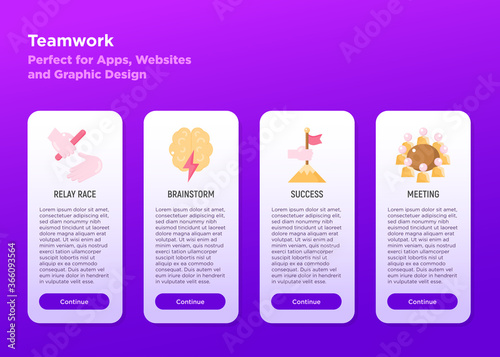 Teamwork mobile user interface with flat icons: relay race, brainstorm, success, meeting. Modern vector illustration, template with copy space.