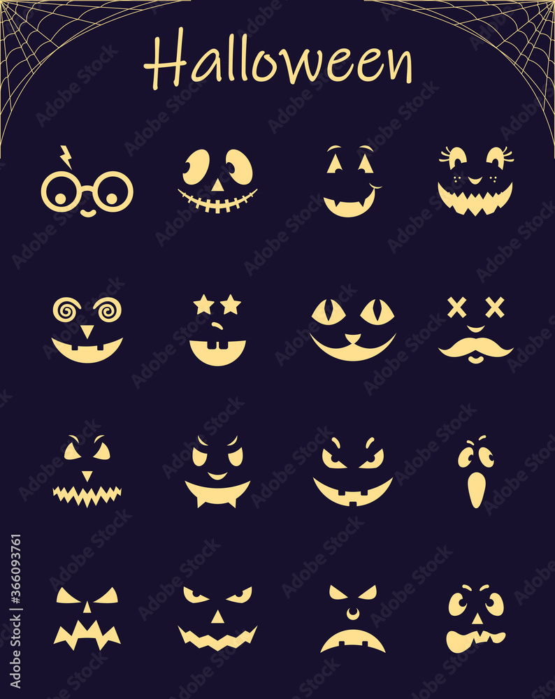 Vector set of halloween silhouette pumpkins with cute, happy, spooky, creepy and scary faces. Cartoon Autumn Illustration in flat style. Pumpkin Icons for web design, print, pattern, baner.