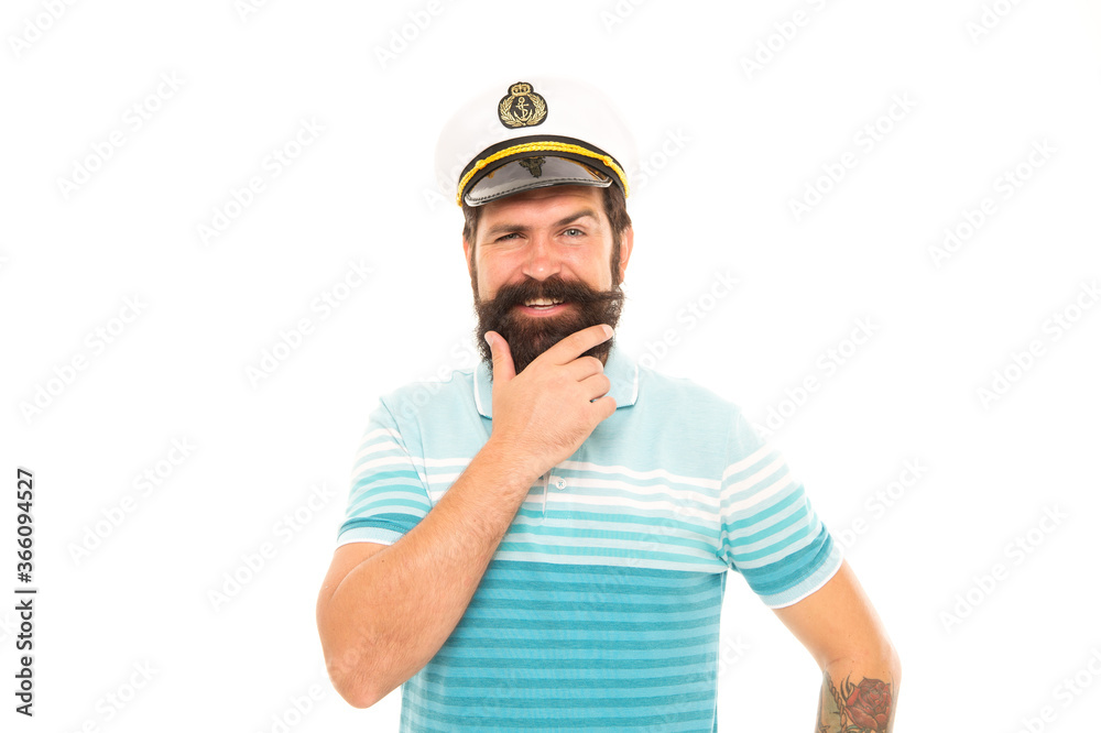 Fototapeta premium Beard rule. Happy sailor with hipster beard. Bearded man in navy uniform isolated on white. Barbershop. Beard barber. Beard grooming. Sea voyage. Marine adventure. Lets go sailing