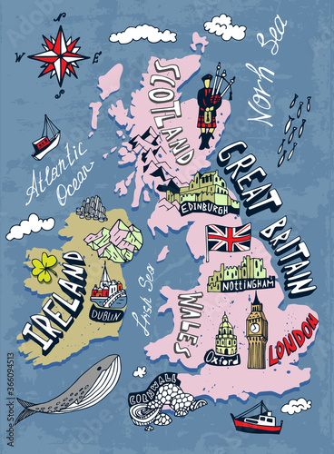 Tourist illustrated map of the Great Britain and Ireland. Travel and attractions of the United Kingdom