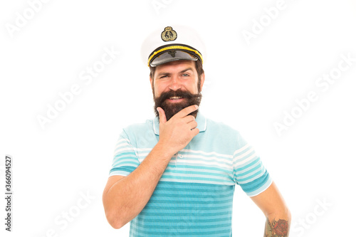 Beard rule. Happy sailor with hipster beard. Bearded man in navy uniform isolated on white. Barbershop. Beard barber. Beard grooming. Sea voyage. Marine adventure. Lets go sailing © be free