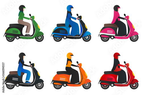 set of muslim girl riding scooter and wearing helmet with various hijab style. trendy hijab fashion