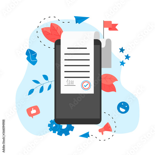 Web template. Online electronic smart contract document, paper document, signature on computer screen. vector illustration. Business concept